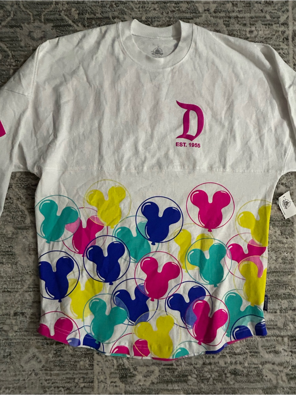 Disney White Long Sleeve Tee with Pink, Blue, Teal, Yellow Mickey Balloon Prints